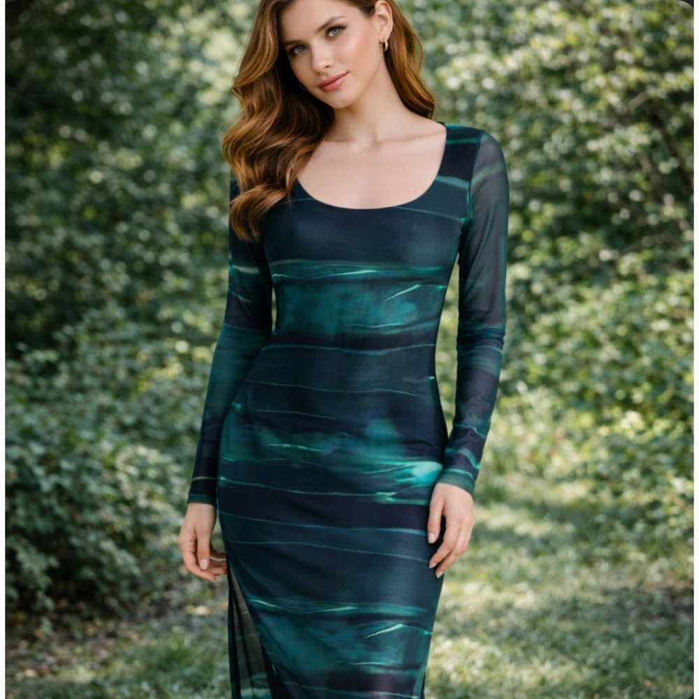 Remi X Revolve Nicole Dress Small Abstract Smudge Print Green‎ Mesh Maxi Long